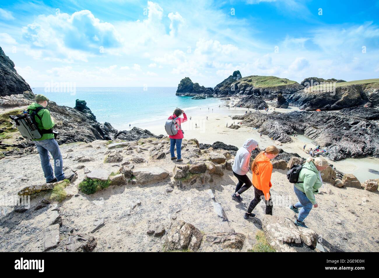 The scene at Kynance Cove on The Lizard in Cornwall as tourists began to return to the coast after lockdown in April 2021 Stock Photo