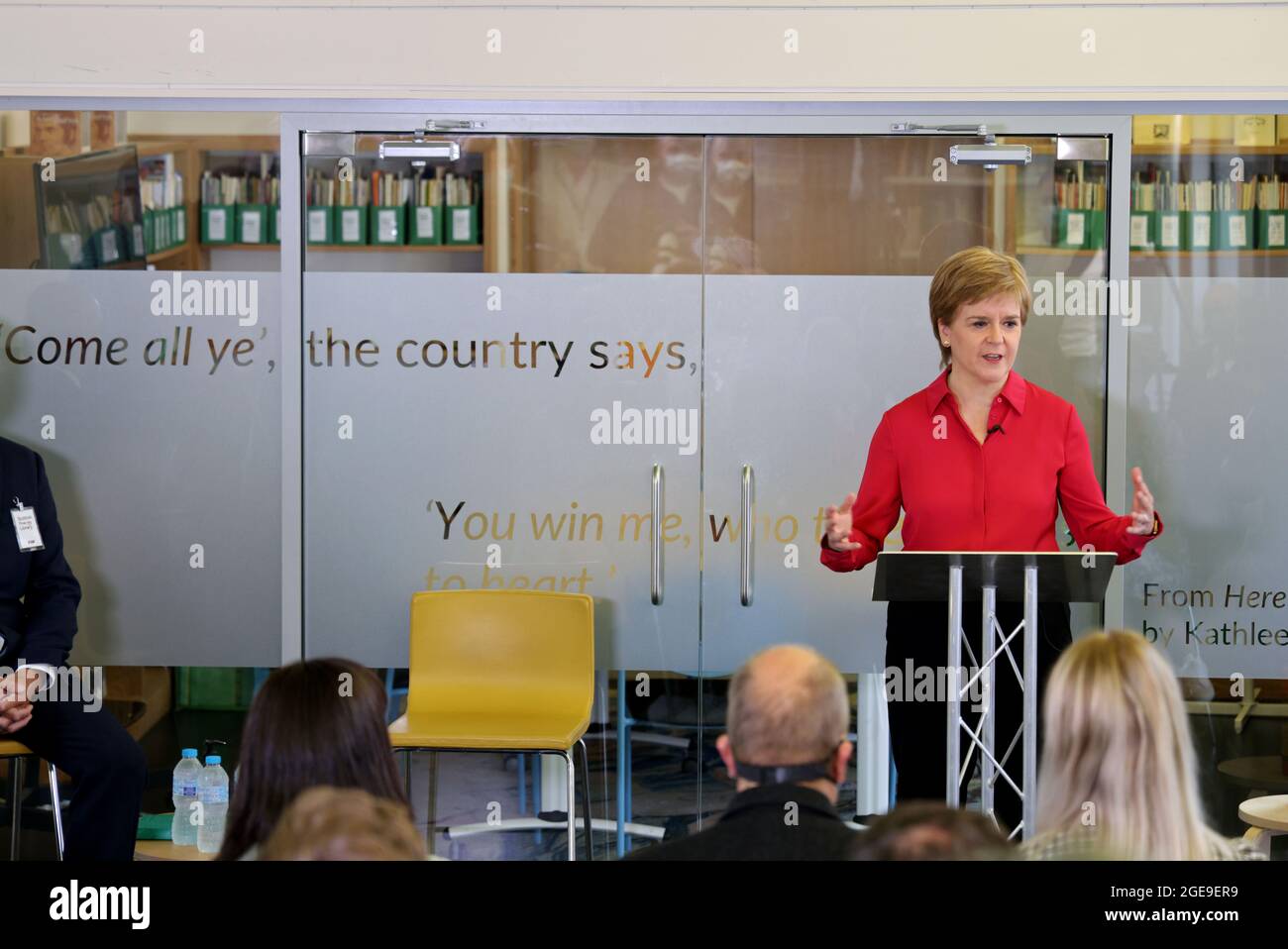 First Minister Nicola Sturgeon announces Kathleen Jamie as the new Makar (National Poet for Scotland) at the Scottish Poetry Library in Edinburgh. Picture date: Wednesday August 18, 2021. Stock Photo