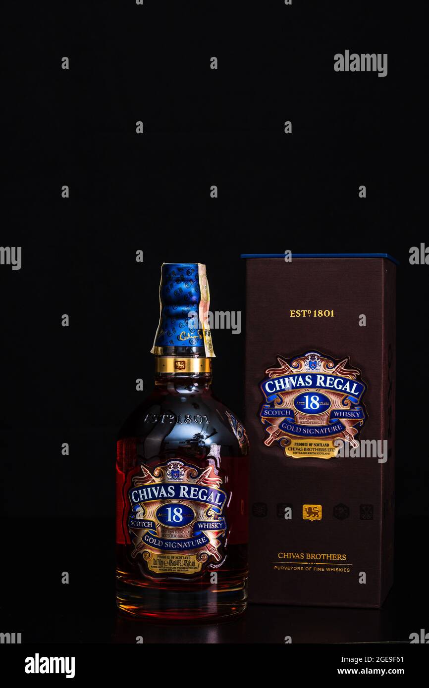 Chivas Regal 18 is blended from whiskies matured for at least 18 years.  Whisky bottle on barrel. Illustrative editorial photo Bucharest, Romania,  2021 Stock Photo - Alamy