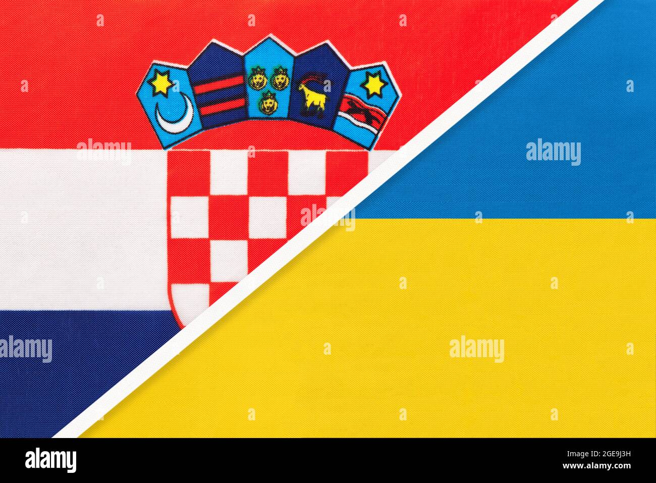 Croatia and Ukraine, symbol of country. Croatian vs Ukrainian national flags. Stock Photo