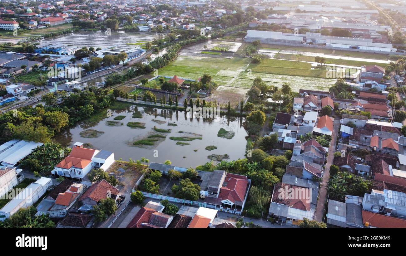 Aerial view of Sidoarjo at sunset, East Java Stock Photo