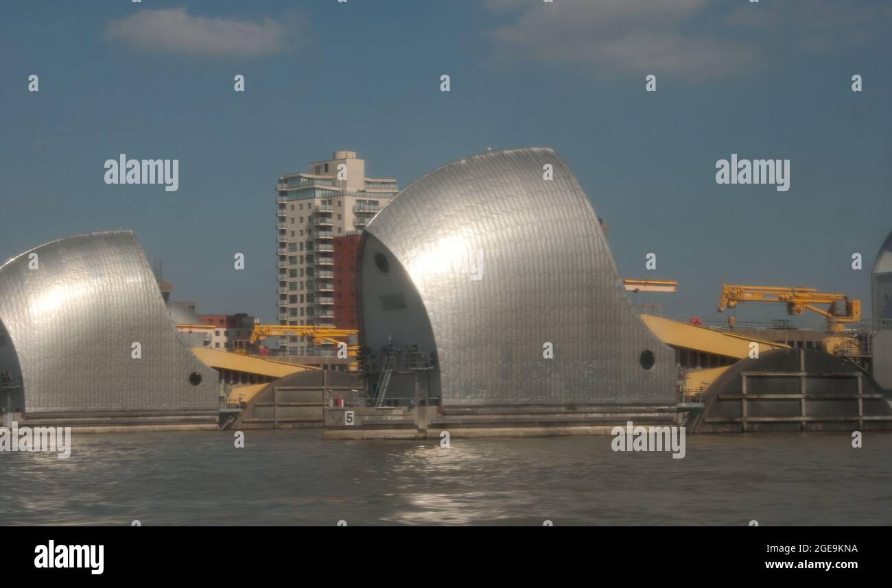 Thames Barrier, built to reduce flooding of the Thames in London. Stock Photo