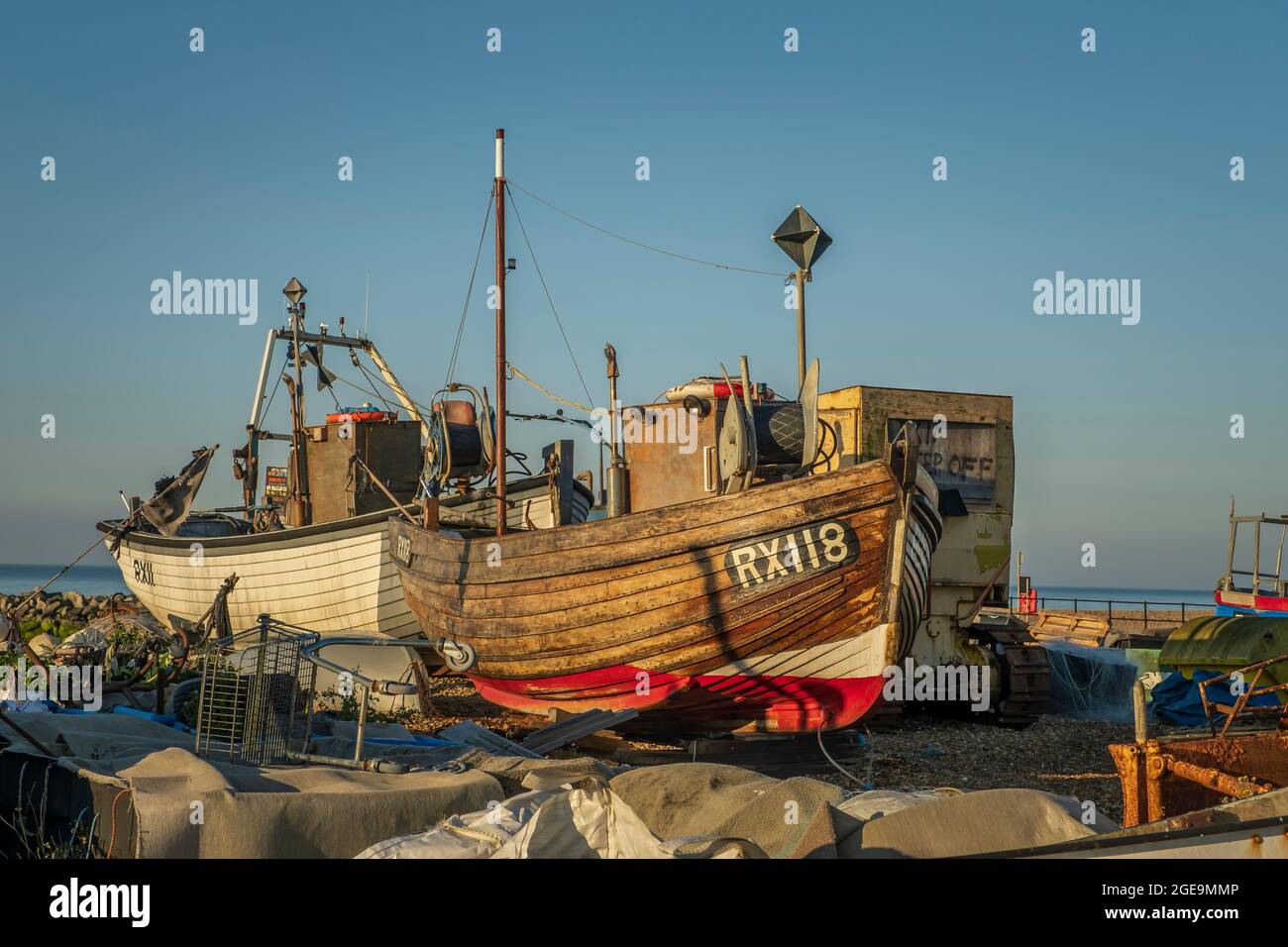 Fishing boats on The Stade beach in Hastings. Stock Photo