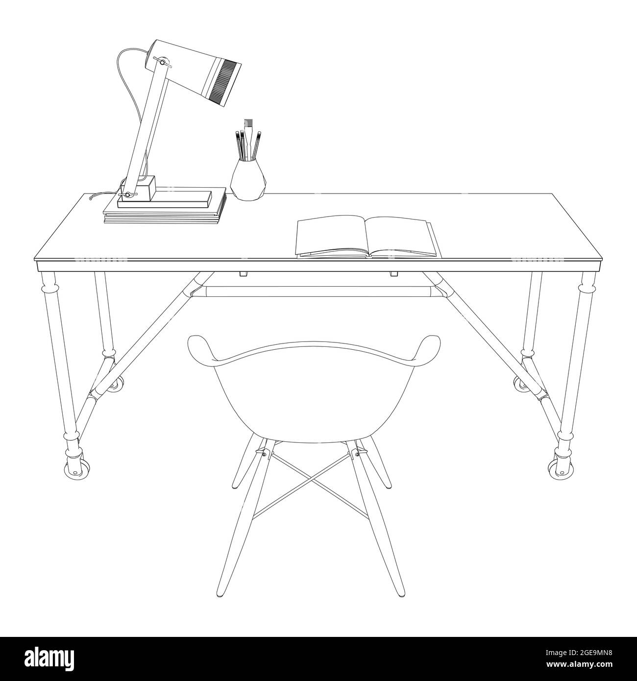 Contour of a workplace with a table, chair, notebook and lamp. Front