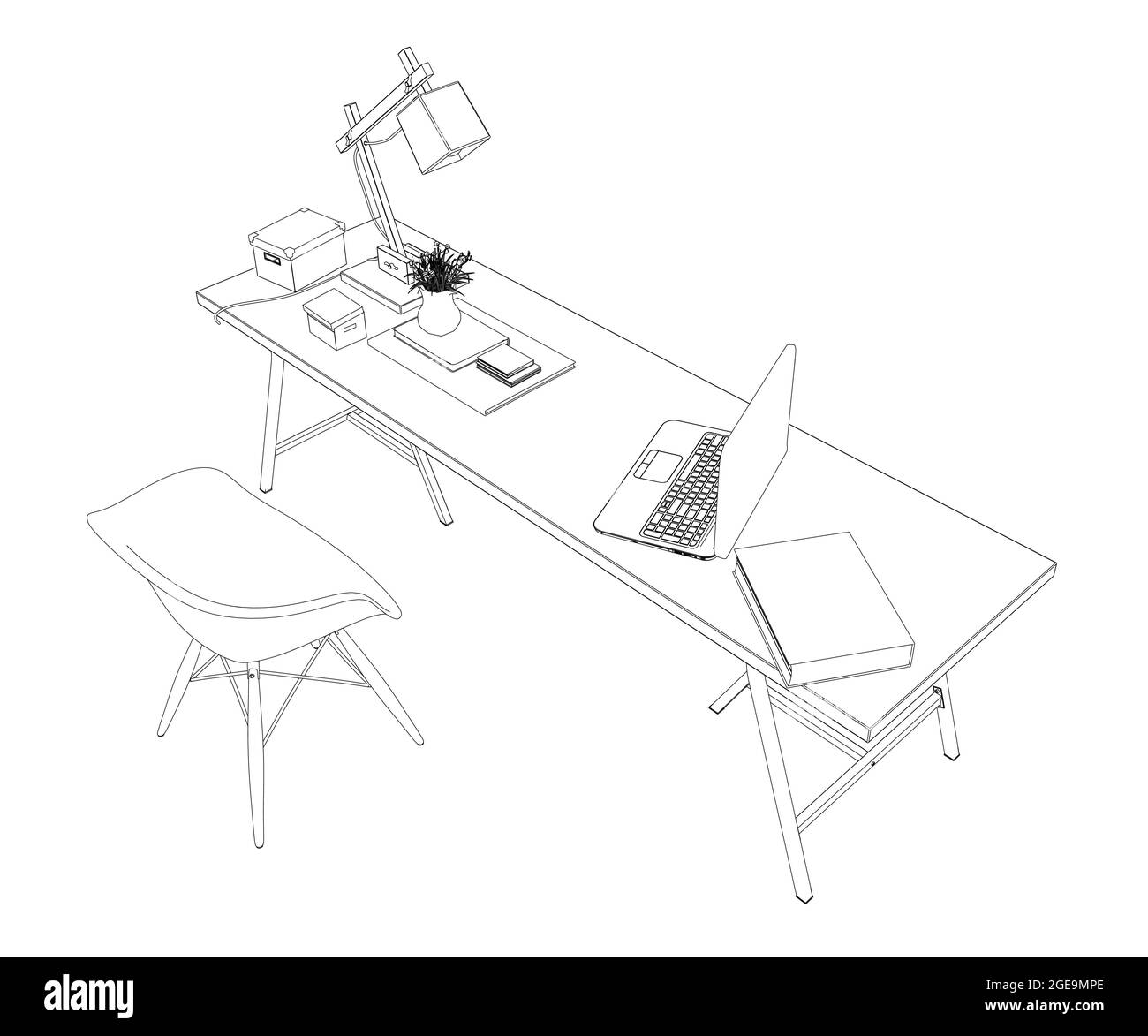 Contour of a workplace with a table, chair, laptop, lamp, flower and drawing supplies. Isometric view. Vector illustration. Stock Vector