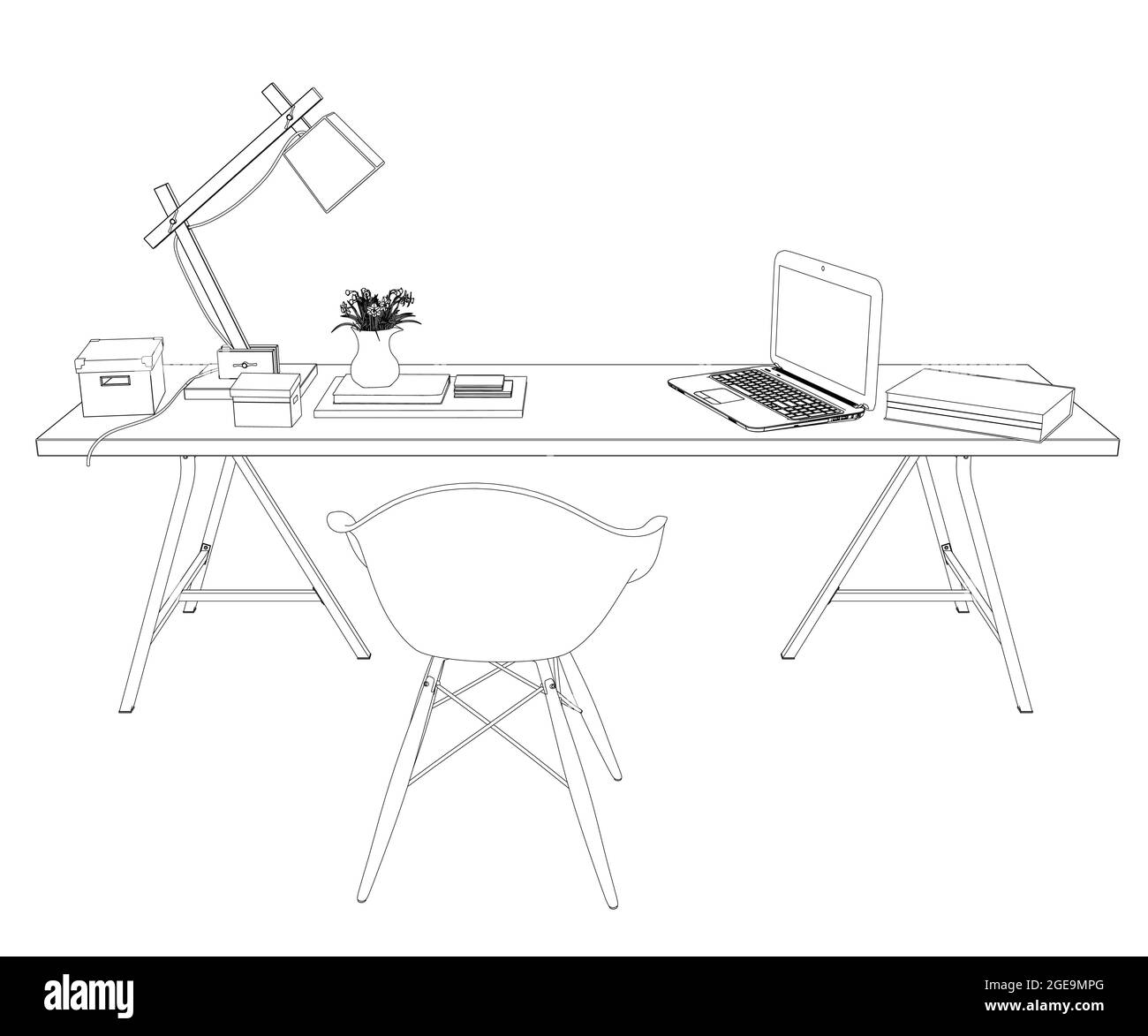 Contour of a workplace with a table, chair, laptop, lamp, flower and drawing supplies. Front view. Vector illustration. Stock Vector