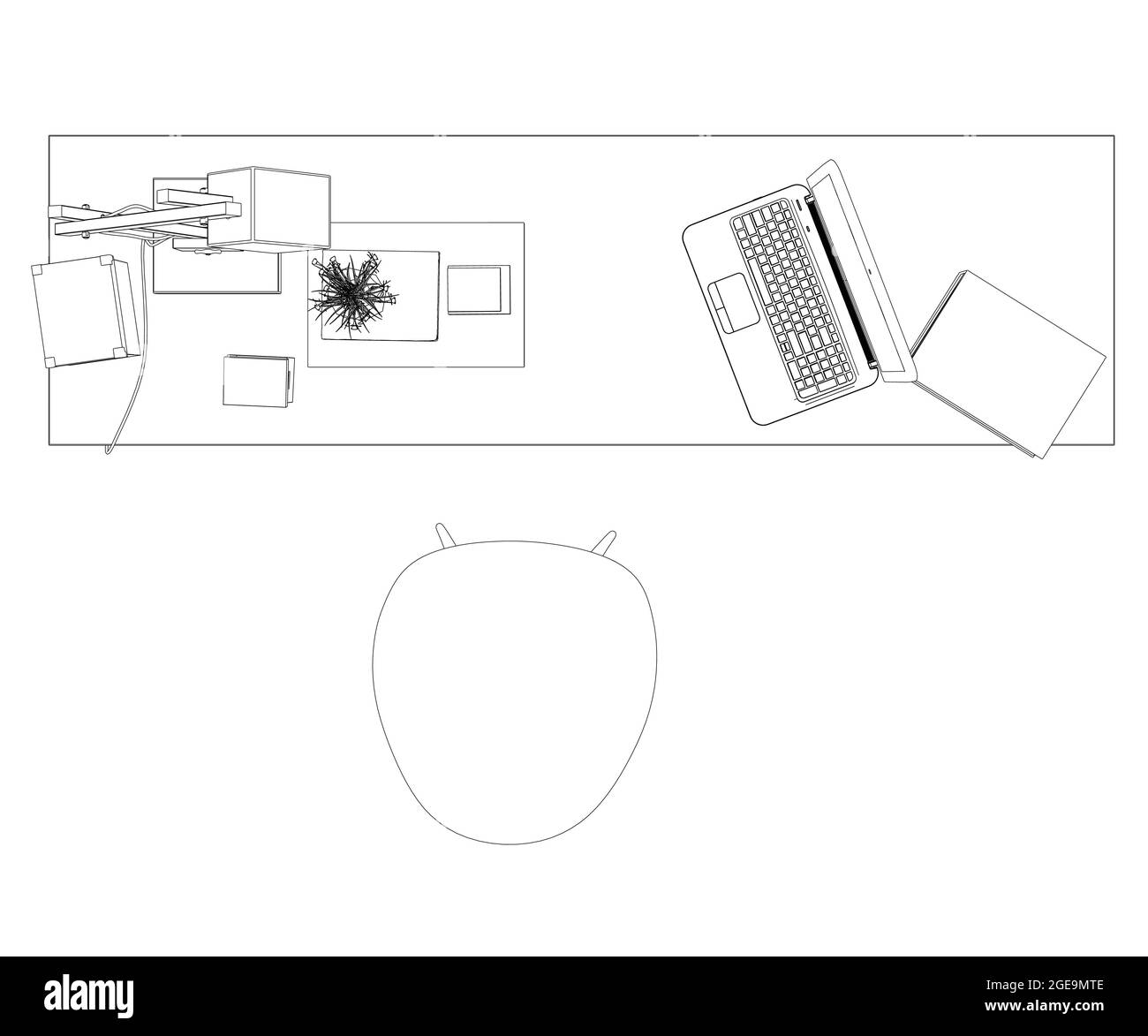 Contour of a workplace with a table, chair, laptop, lamp, flower and drawing supplies. View from above. Vector illustration. Stock Vector