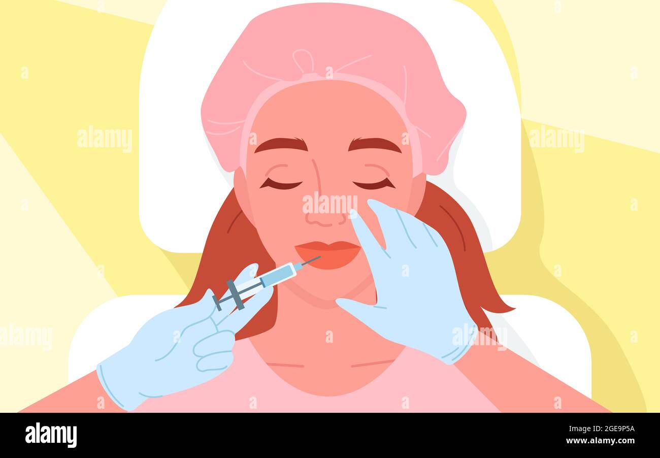 Cartoon woman character lying on anti wrinkle dermal facial skin care, cosmetologist beautician holding needle, top view background. Cosmetology Stock Vector