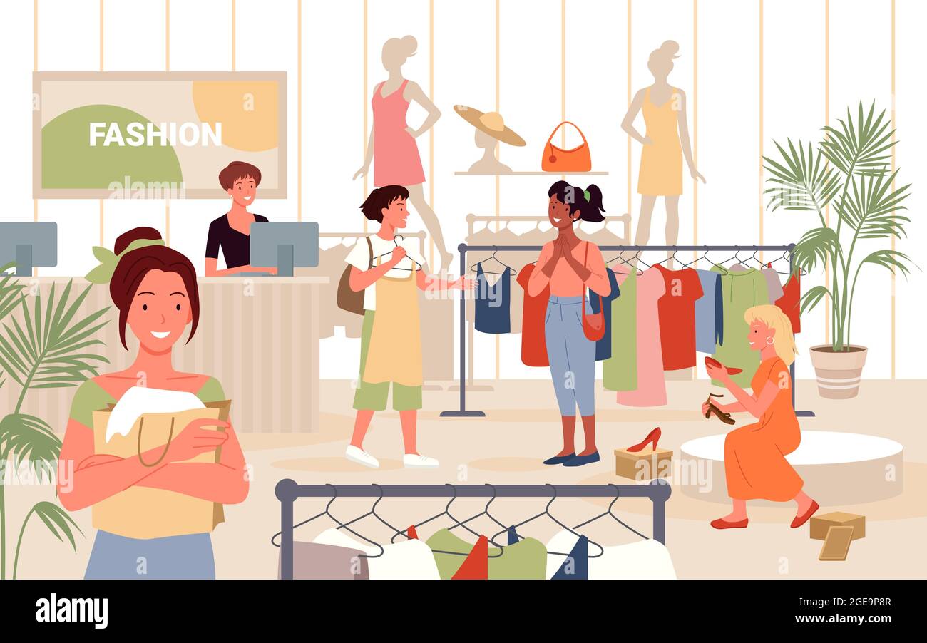 People shopping in fashion retail store, happy young woman holding