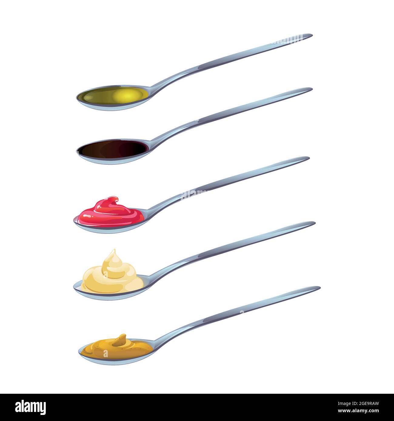 Big sauce in spoons set. Soy, Olive Oil, Mustard, Ketchup and Mayonnaise sauces. Condiment elements for food design. Stock Vector