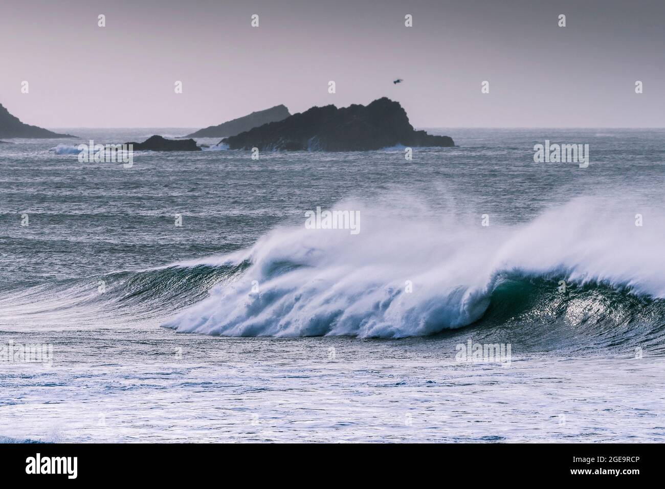 Big waves and high winds at Fistral Bay in Newquay in Cornwall. Stock Photo