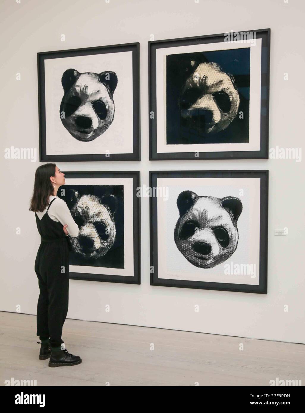London UK 18 August 2021 RIGHT HERE RIGHT NOW. Charming Baker Flocked Panda Head Series, 2018.The 4,000 sq. ft exhibition will open in two gallery spaces at Saatchi Gallery on Thursday, 19 August 2021 until 9 September 2021.The exhibition features artworks by established artists such as Jake & Dinos Chapman, Charming Baker, David Shrigley and Chris Levine together with works by London based painter Matt Small and mural & installation artist Morag Myerscough. The show will also include previously unseen original work by Gary Stranger, Jessica Albarn, Eelus, Sara Pope and an exciting new collabo Stock Photo