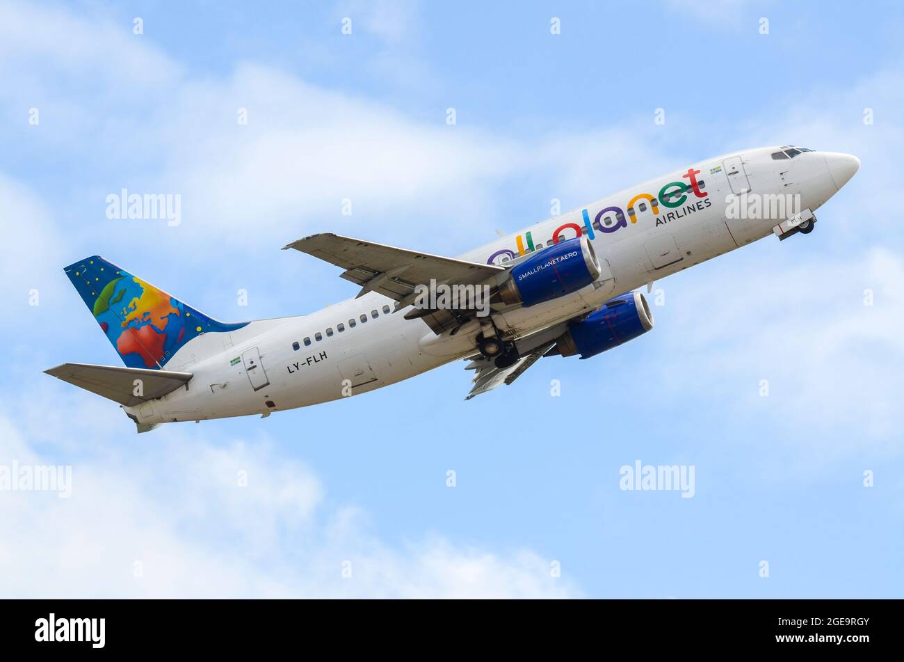 Small Planet Airlines Boeing 737 jet airliner plane LY-FLH taking off from Manston Airport, Kent, UK. Climbing departure Stock Photo