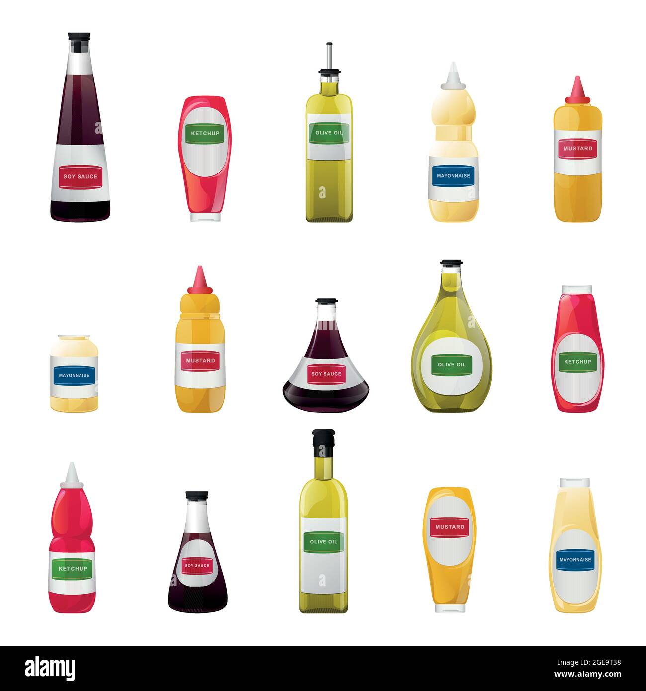 Big sauce in bottles set. Soy, Olive Oil, Mustard, Ketchup and Mayonnaise sauces. Condiment elements for food design. Stock Vector