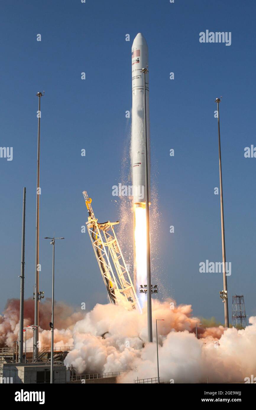 A Northrop Grumman Antares rocket, with the company’s Cygnus spacecraft onboard, launches at 6:01 p.m. EDT, Tuesday, Aug. 10, 2021, from the Mid Atlantic Regional Spaceport’s Pad-0A, at NASA's Wallops Flight Facility in Virginia. Northrop Grumman's 16th contracted cargo resupply mission for NASA to the International Space Station is carrying nearly 8,200 pounds of science and research, crew supplies and vehicle hardware to the orbital laboratory and its crew.   Photo Credit: NASA Wallops/Brian Bonsteel Stock Photo