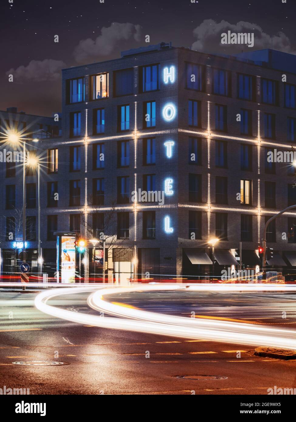 GOETTINGEN, GERMANY - Apr 22, 2021: A beautiful shot  of  Freigeist Hotel in the nighttime, Goettingen, Germany Stock Photo