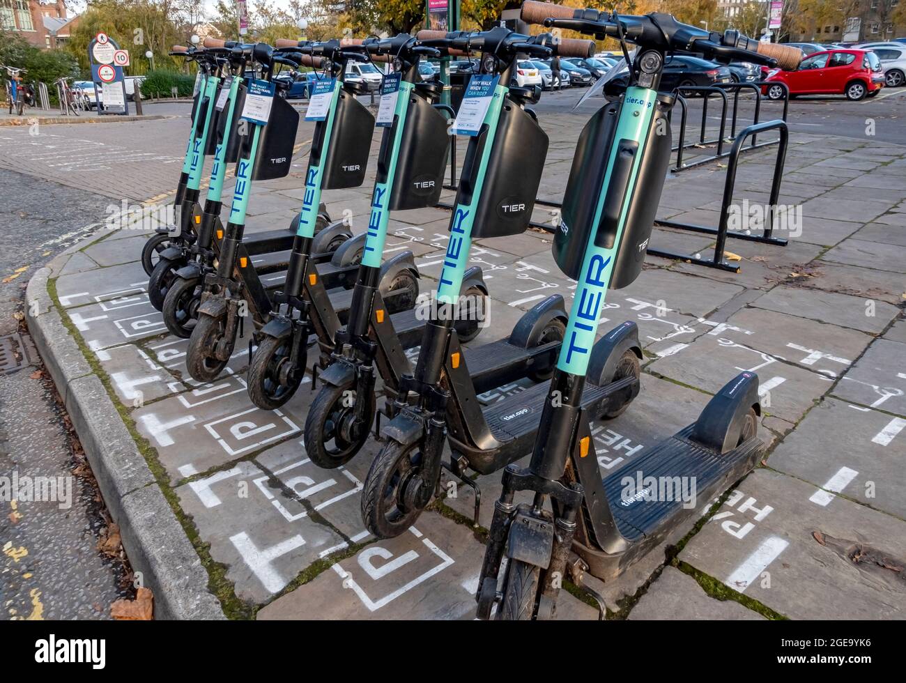 TIER E-scooters for hire in city centre. Stock Photo