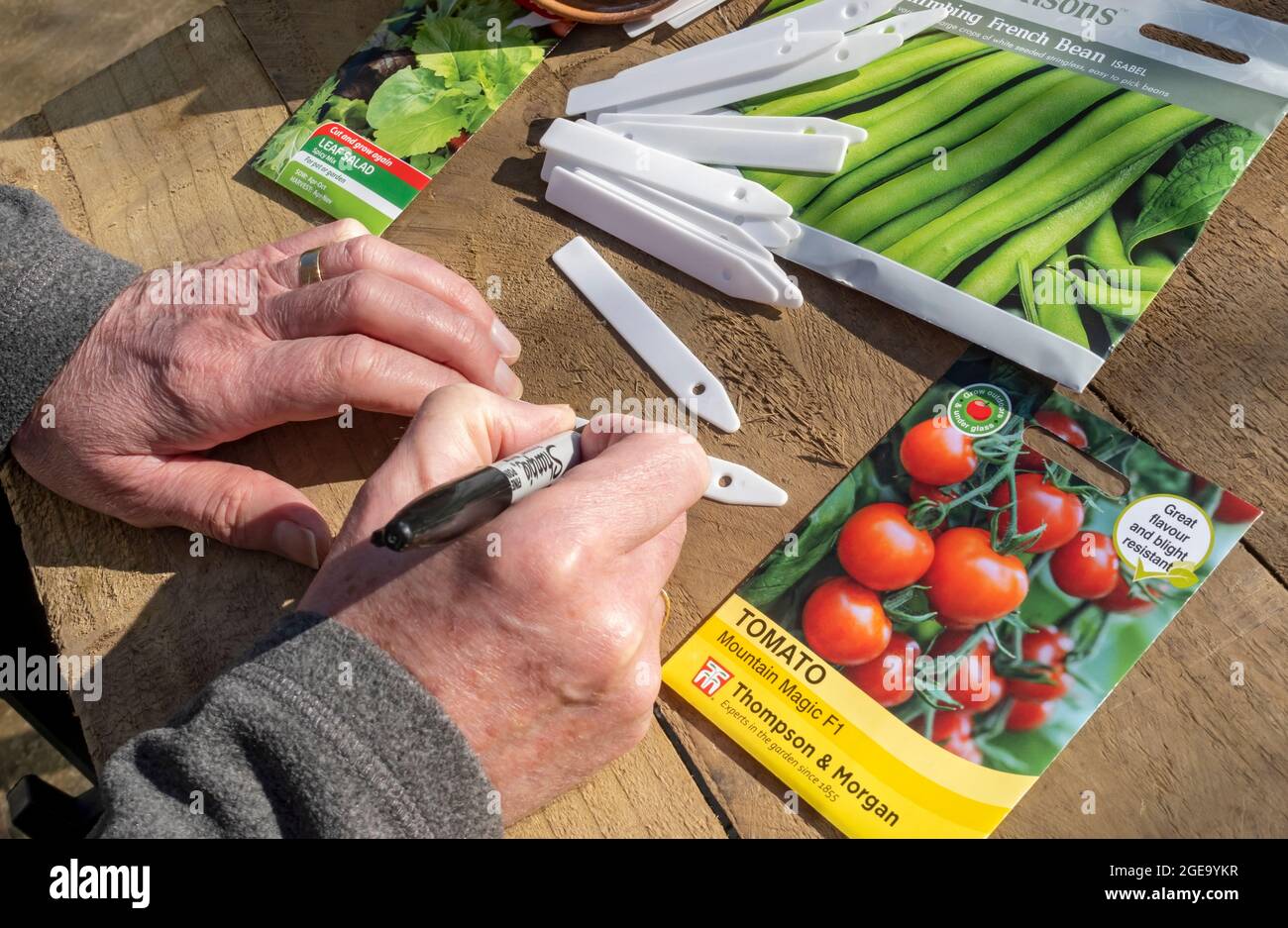 Close up of man writing plant label and packets of vegetable seeds on a table. Stock Photo