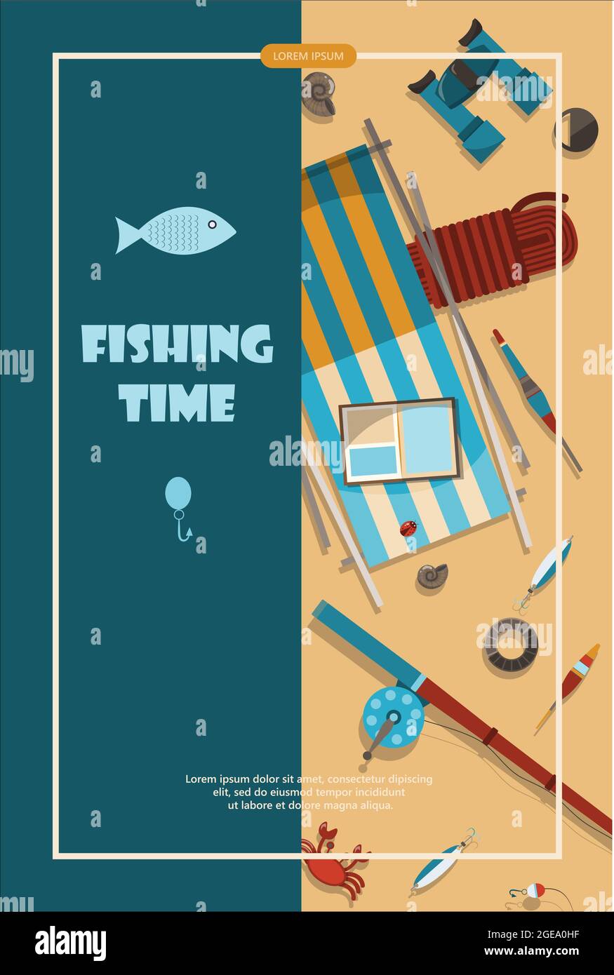Camping adventure time vector illustration Banner with flat equipment for hiking Cartoon flayer fishing time Stock Vector