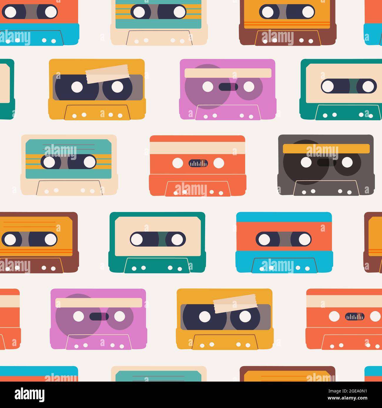 Seamless pattern with audio cassettes. Repetitive audio tapes for retro design. Vector EPS 10. Stock Vector
