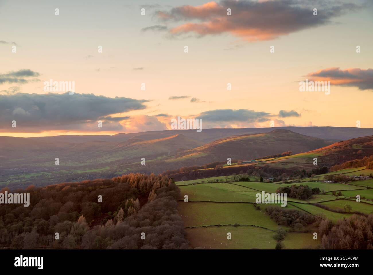 Sunset view across the countryside of the Hope Valley. Stock Photo