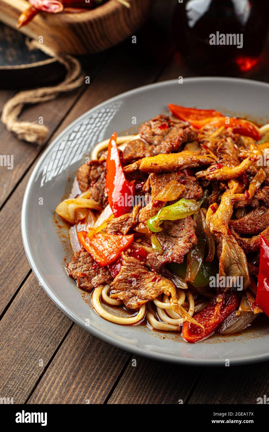 Asian uyghur dish guiru lagman noodles Stock Photo - Alamy