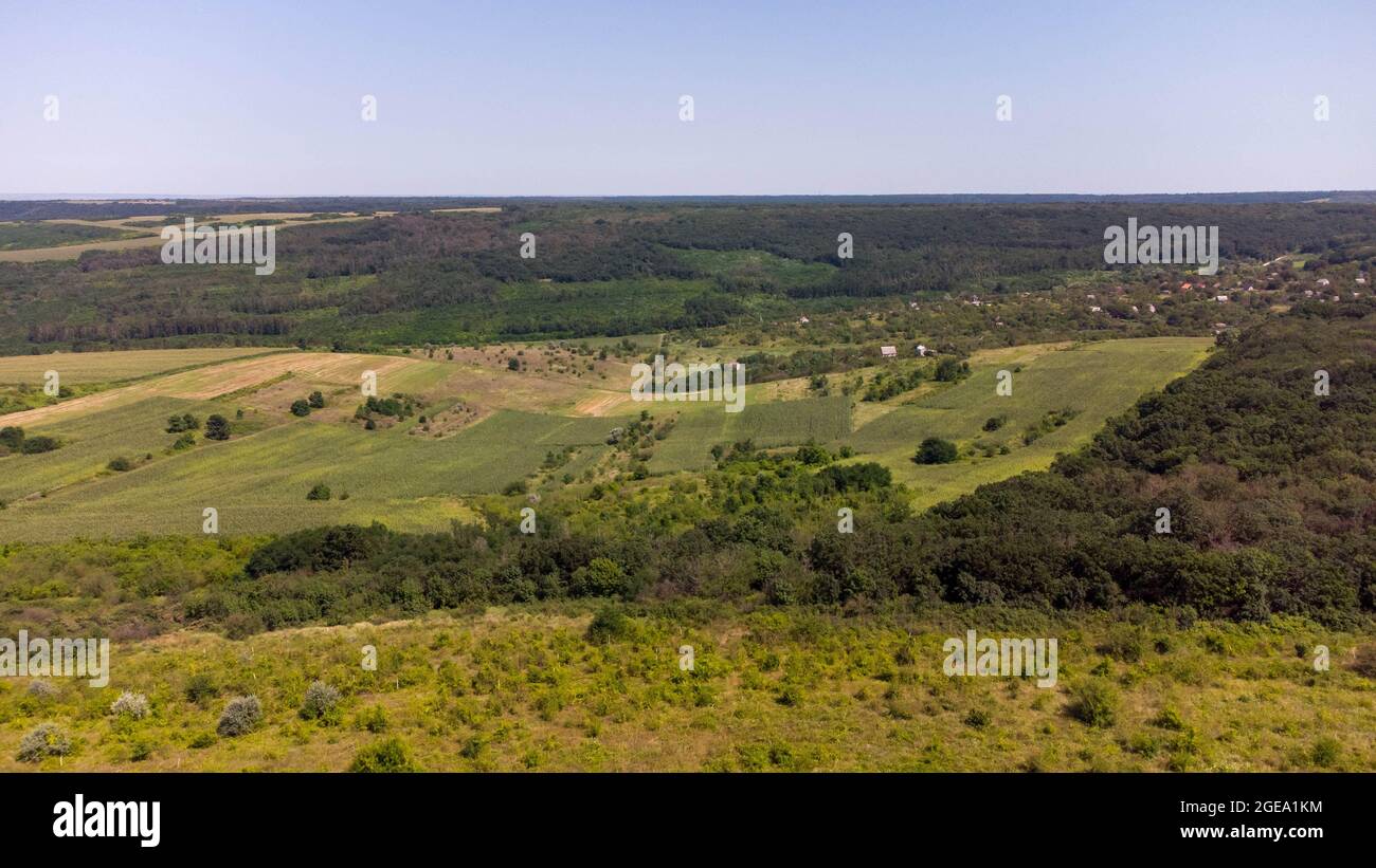 View of the valley from the air. Rural landscape from a bird's eye view Stock Photo