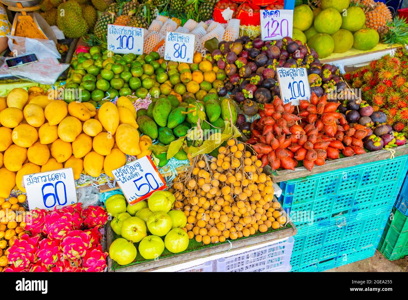 Various offers of Thai food fruits like durian pitaya mangosteen at