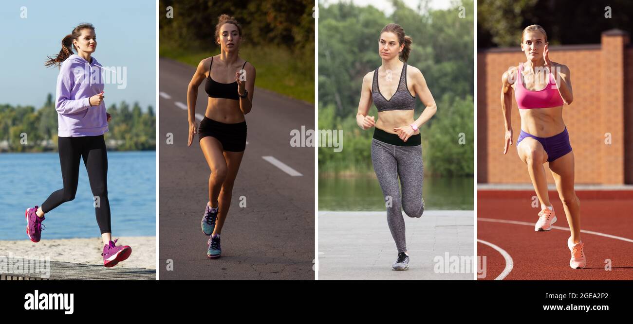 Collage about fit young women, professional athletes and amateur training,  running outdoors. Sport, training, athlete, workout, exercises concept  Stock Photo - Alamy