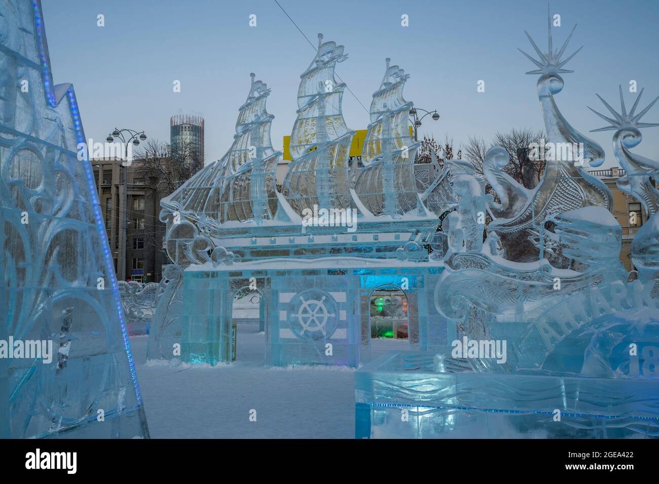 Intricate sculptures of endless design populate a community ice village in Yekaterinburg in Russia. Stock Photo