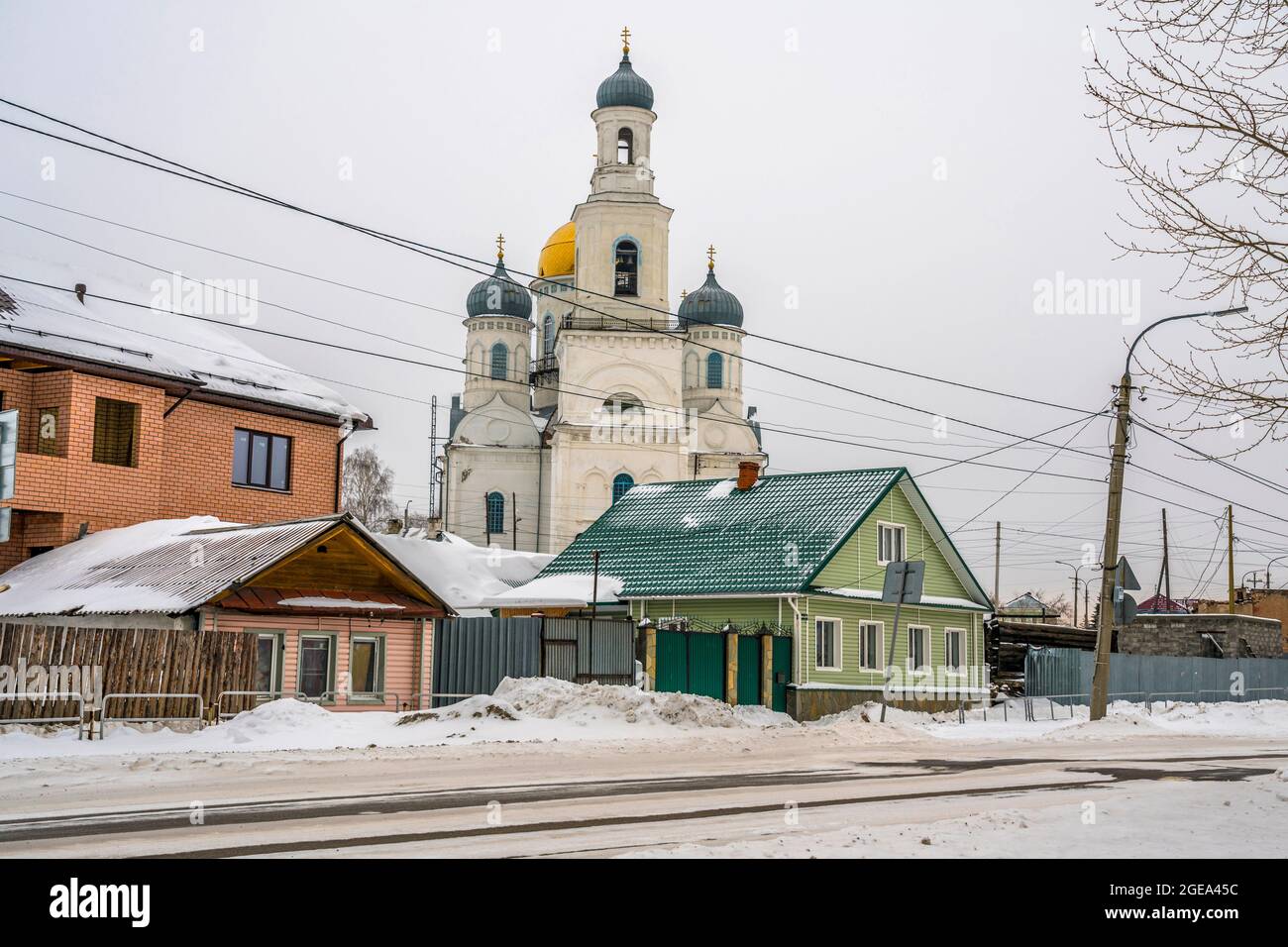 A Russian Orthodox church in a small manufacturing town in the Ural Mountains region in Russia. Stock Photo