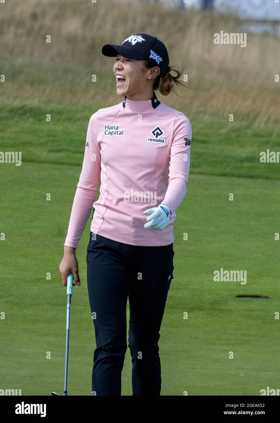 New Zealand's Lydia Ko call smiles after her chip shot went close on the 15th green during a preview day ahead of the AIG Women's Open at Carnoustie. Picture date: Wednesday August 18, 2021. See PA story GOLF Women. Photo credit should read: Ian Rutherford/PA Wire. RESTRICTIONS: Use subject to restrictions. Editorial use only, no commercial use without prior consent from rights holder. Stock Photo