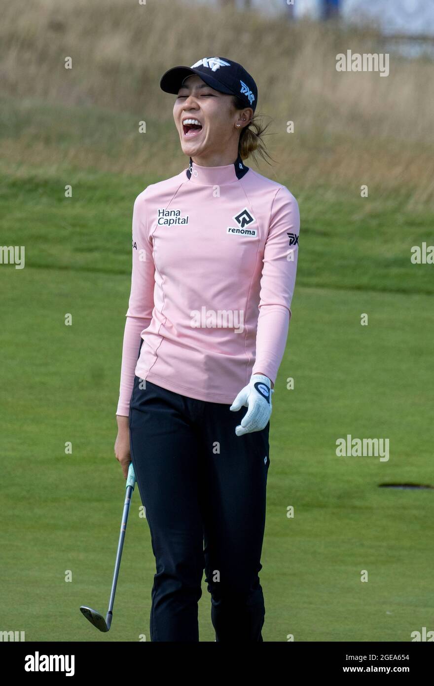 New Zealand's Lydia Ko call smiles after her chip shot went close on the 15th green during a preview day ahead of the AIG Women's Open at Carnoustie. Picture date: Wednesday August 18, 2021. See PA story GOLF Women. Photo credit should read: Ian Rutherford/PA Wire. RESTRICTIONS: Use subject to restrictions. Editorial use only, no commercial use without prior consent from rights holder. Stock Photo