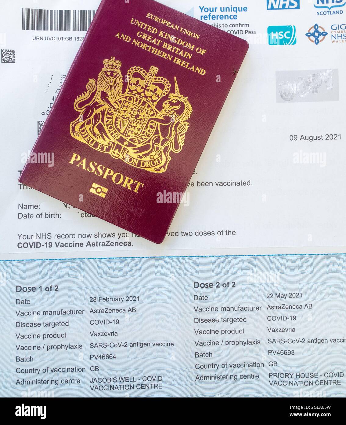 NHS UK, proof of double vaccination document required for some travel abroad, produced in August 2021. Stock Photo