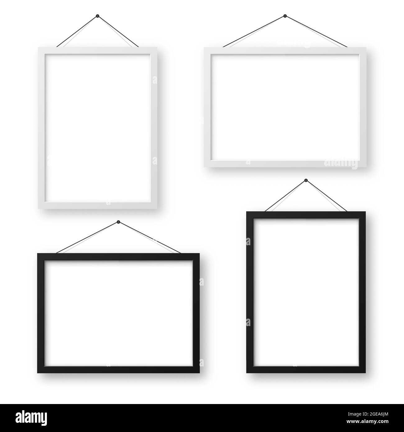 Realistic black and white picture frames with shadow. Hanging on a wall ...