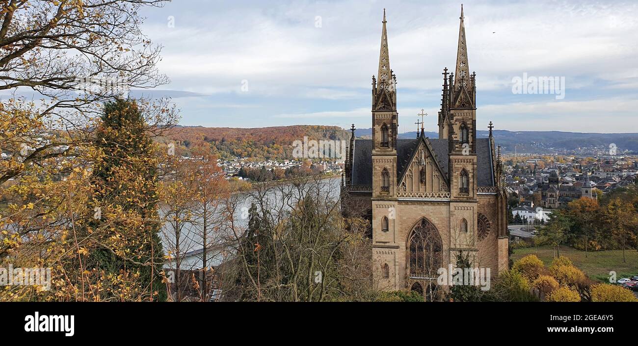 Remagen Germany November 2020 Apollinariskirche Remagen with view on the Rhine in beautiful autumn weather Stock Photo