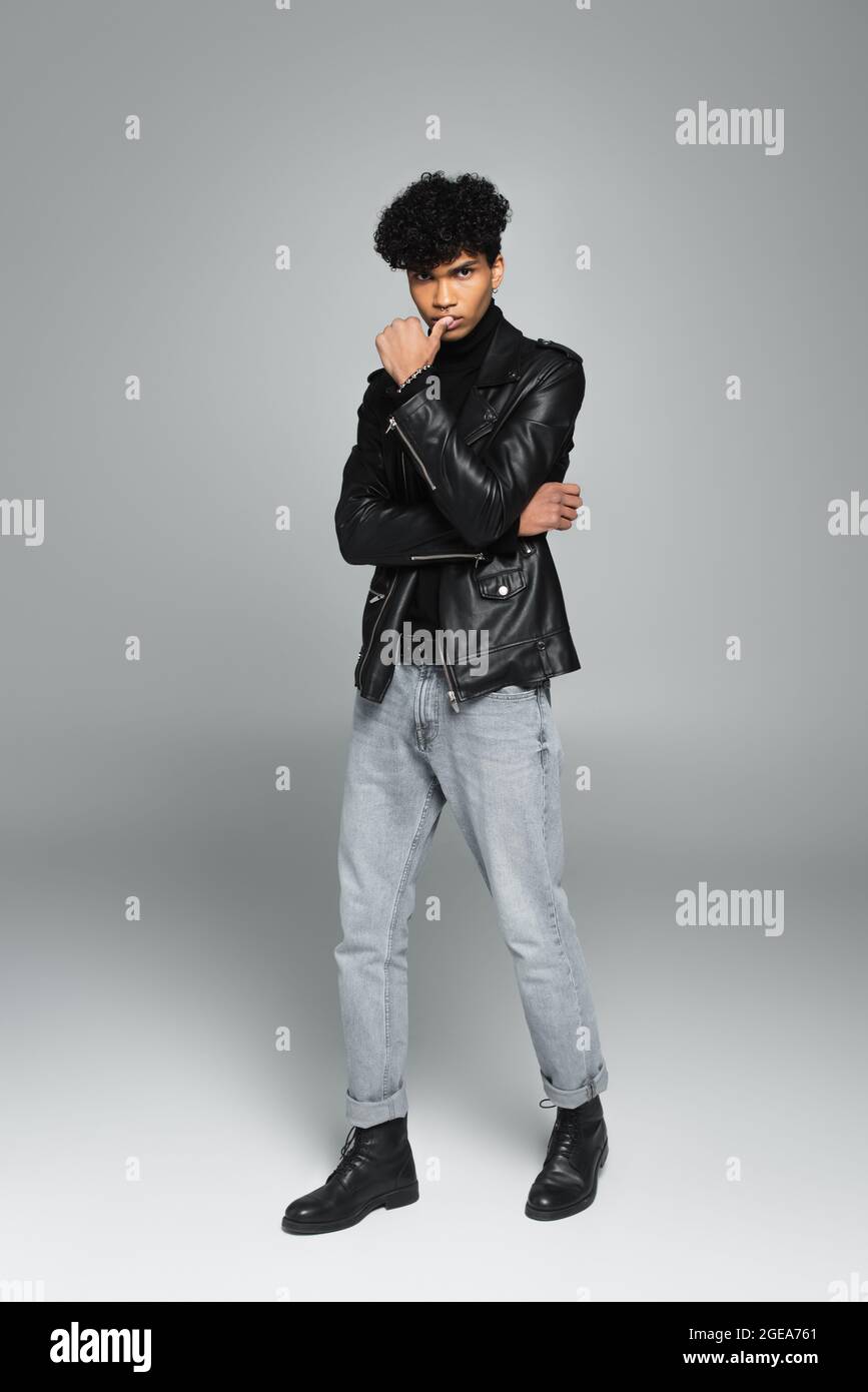 jeans, black leather jacket 