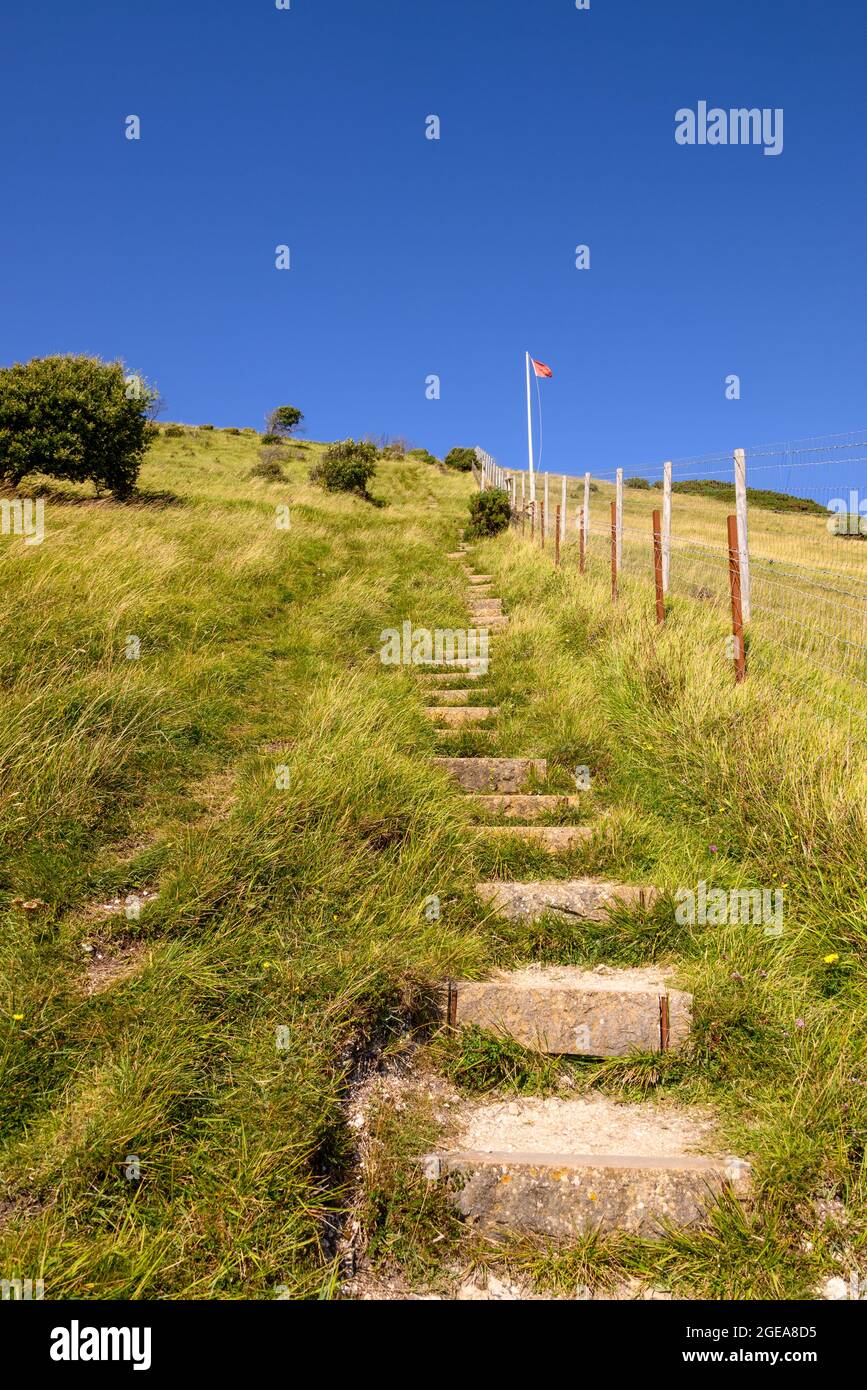 Steep section of the South West Coast Path at Lulworth Cove, West Lulworth, Dorset, UK Stock Photo