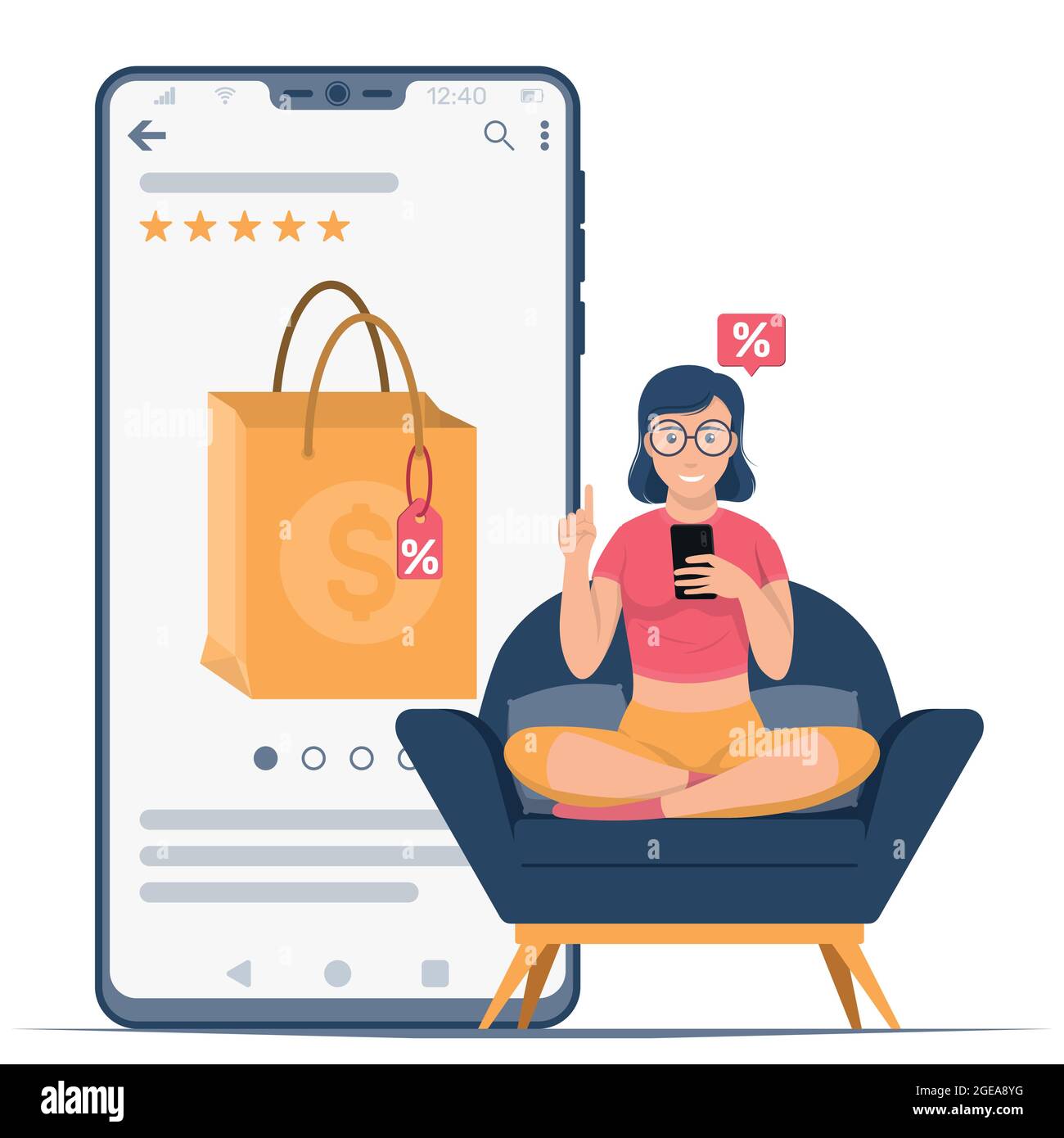 Vector design woman with mobile making purchases on the internet, woman makes a discount purchase from her mobile Stock Vector