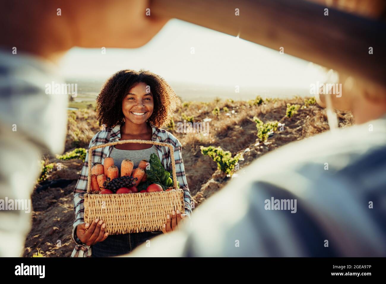 Smiling mixed race female farmer holding fresh vegetables  Stock Photo