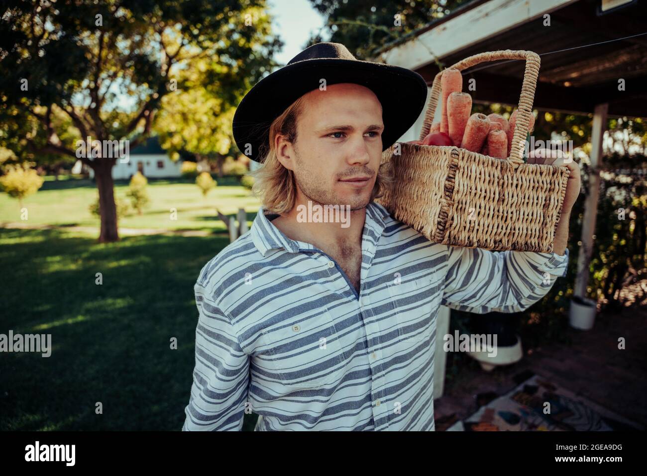 Handsome caucasian male focussed walking through fields in farm village holding basket of fresh vegetables and fruit Stock Photo