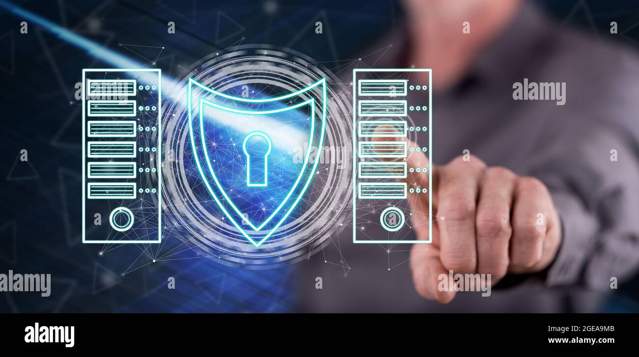 Man touching a data security concept on a touch screen with his finger ...