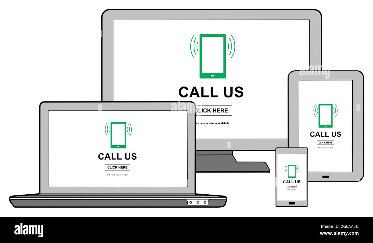 Phone support concept shown on different information technology devices Stock Photo