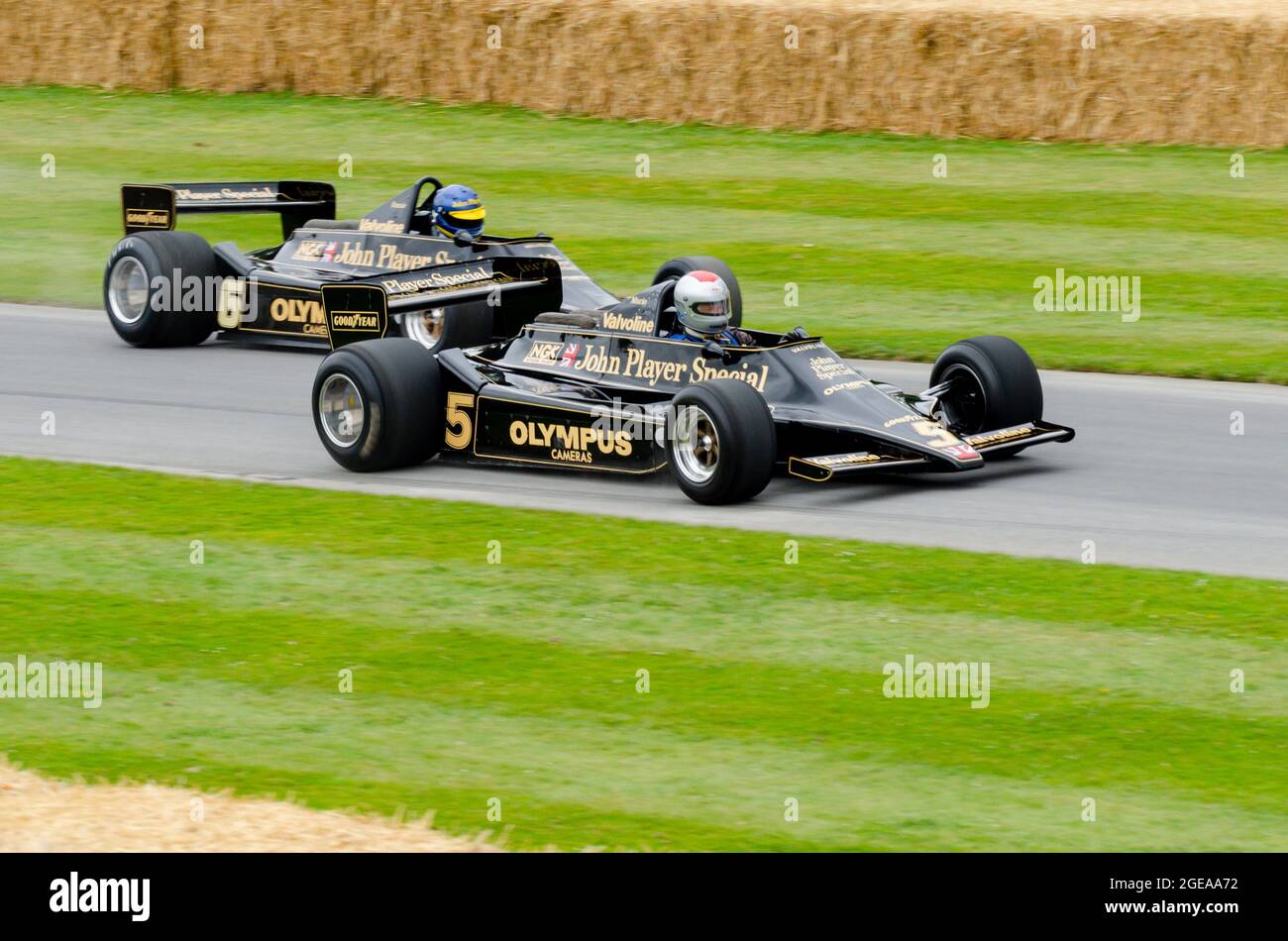 Classic Lotus 79 historic Grand Prix cars formerly of Mario Andretti and Ronnie Peterson at the Goodwood Festival of Speed motor racing event 2014 Stock Photo