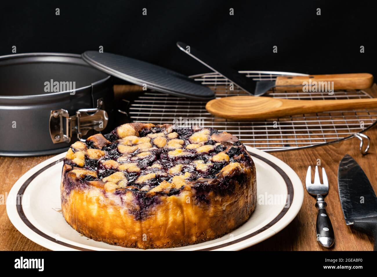 Side view of delicious homemade blueberry and crumble cheesecake in brown ceramic plate with wooden spoon, serving shovel on cooling rack, metal fork Stock Photo