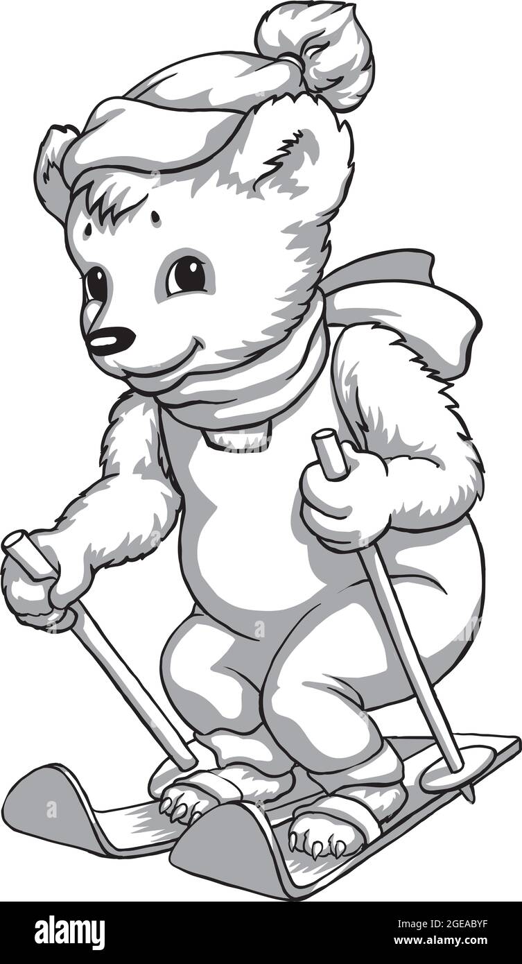 Mascot, bear on skis, black and white drawing, embroidery, print for fabric. Stock Vector