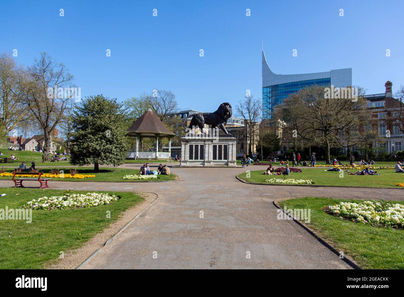 The Mainward Lion memorial, Forbury gardens, town centre, Reading, UK Stock Photo