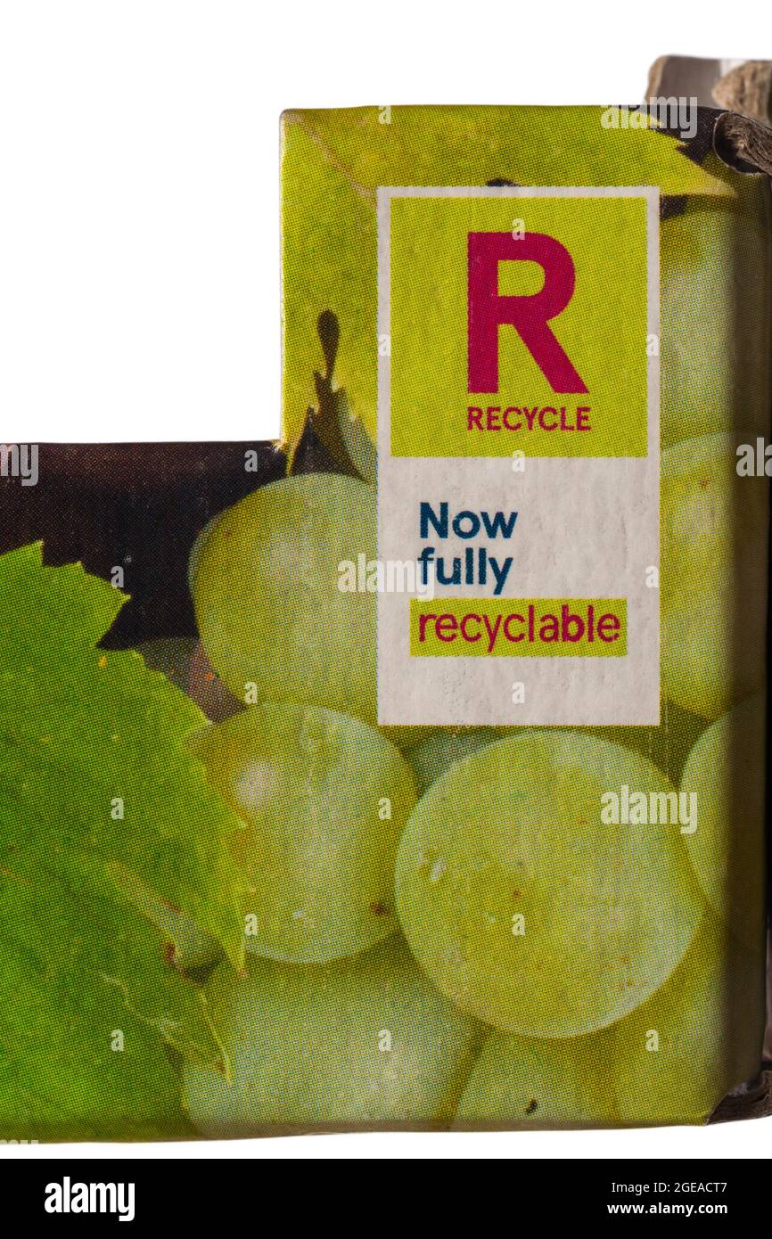 Now fully recyclable recycle - detail on tray of grapes from Tesco Stock Photo