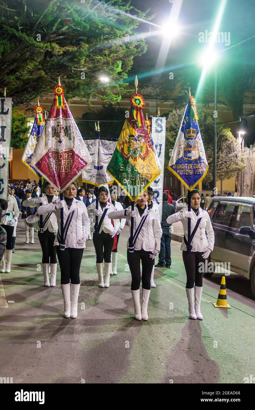POTOSI, BOLIVIA - APRIL 17, 2015: Anniversary celebration of the high school Liceo de senoritas Sucre in Potosi, Bolivia. Stock Photo