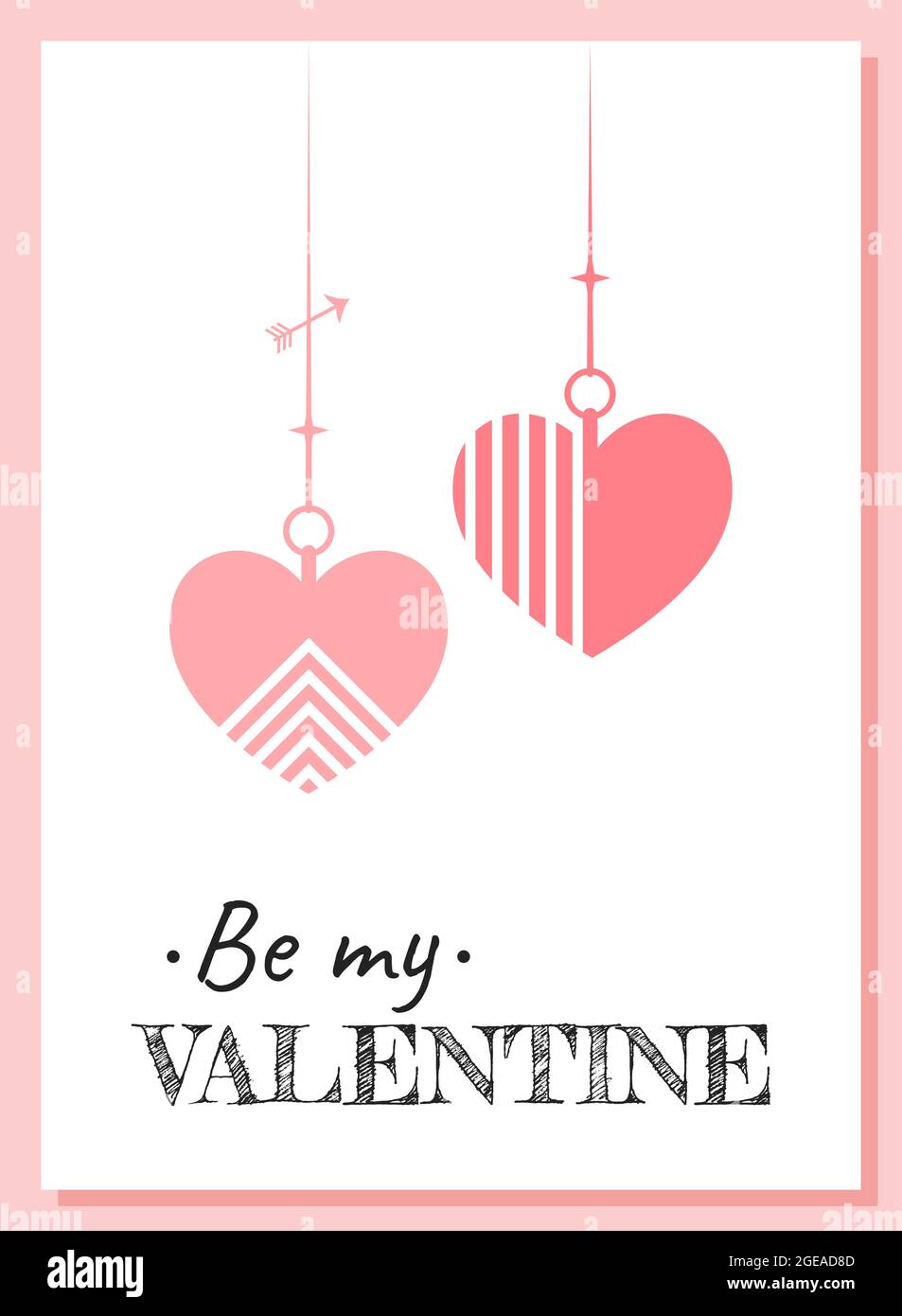 Pink and red hearts with geometric ornaments on pendants. White and ...